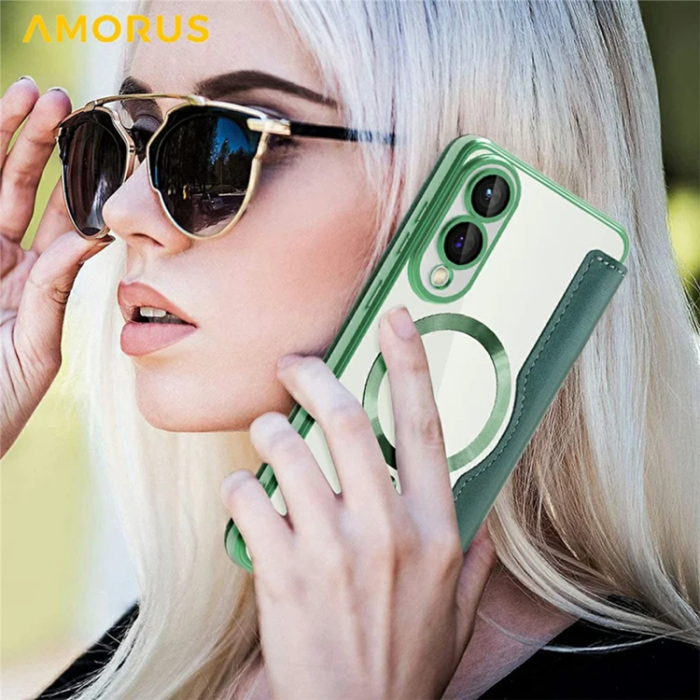 Amorus - Amorus Galaxy S25 Edge Plånboksfodral Magsafe RFID - Grön