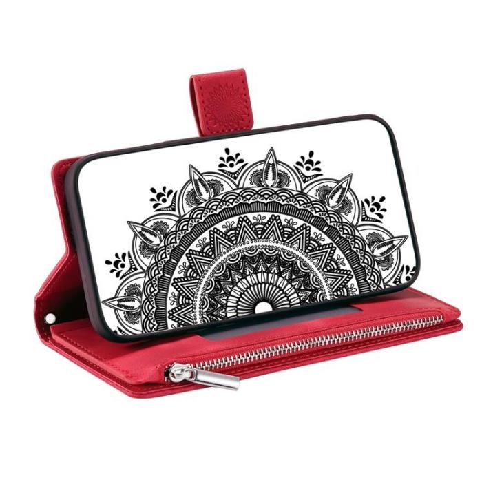 OEM - iPhone 15 Plus Plånboksfodral Mandala Flower Imprinted - Röd