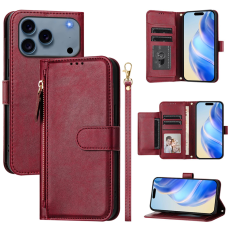 A-One Brand - iPhone 17 Pro Plånboksfodral Zipper Pocket Läder - Röd