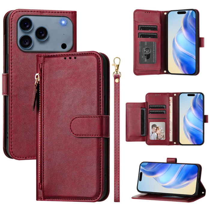 A-One Brand - iPhone 17 Pro Plånboksfodral Zipper Pocket Läder - Röd