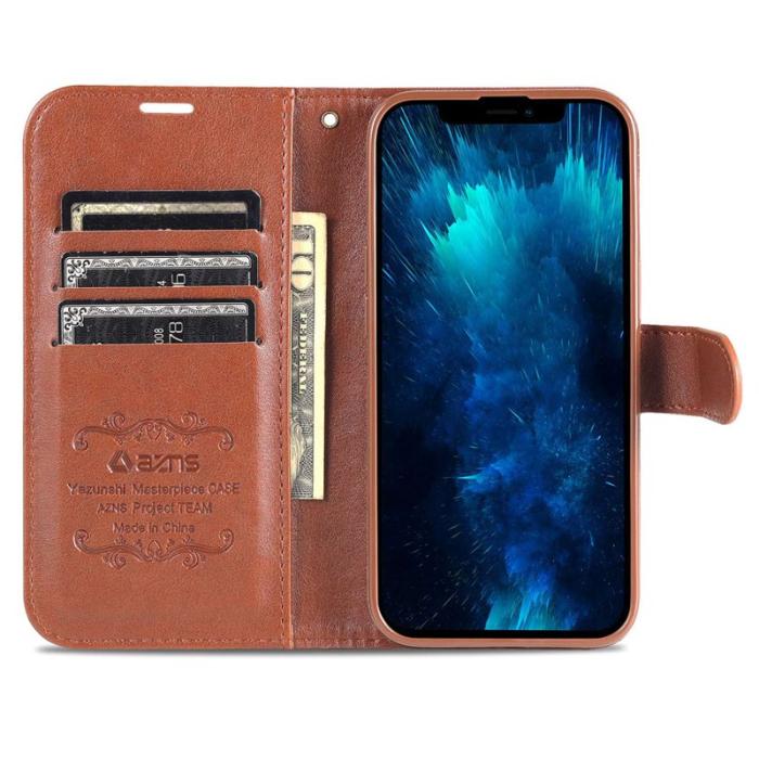 AZNS - AZNS iPhone 15 Plånboksfodral Konstläder - Ställfunktion - Brun
