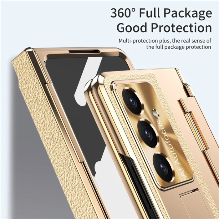 A-One Brand - Galaxy Z Fold7 5G Mobilskal läder + PC Kickstand - Guld+Guld