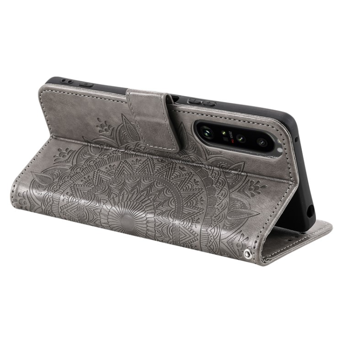 A-One Brand - Sony Xperia 1 V Plånboksfodral Imprinted Mandala Flower - Grå