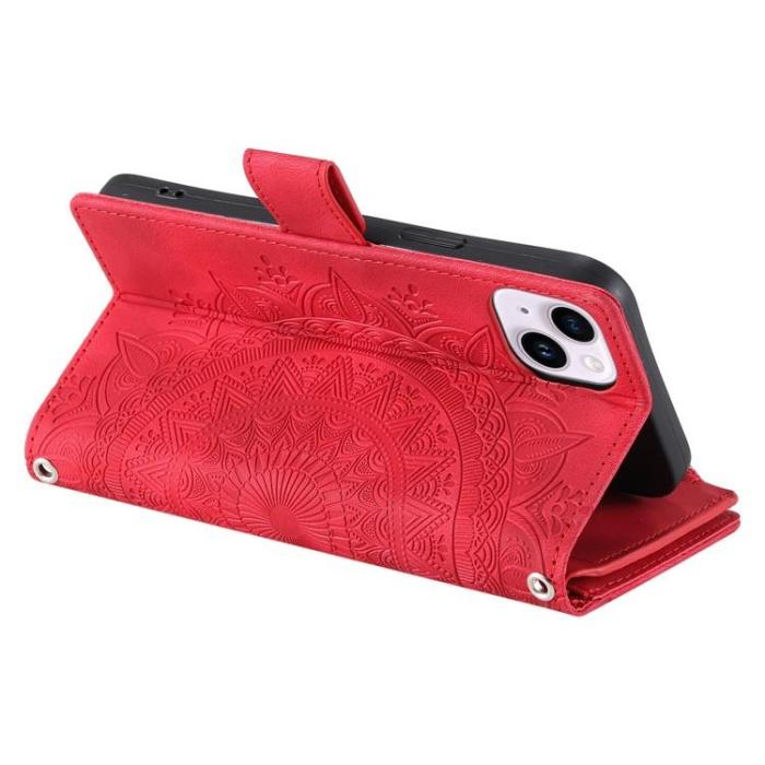 OEM - iPhone 15 Plus Plånboksfodral Mandala Flower Imprinted - Röd
