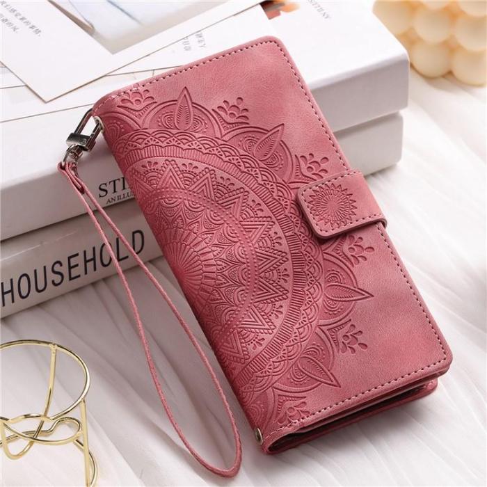 A-One Brand - iPhone 15 Plus Plånboksfodral Mandala Flower Imprinted - Rosa Guld
