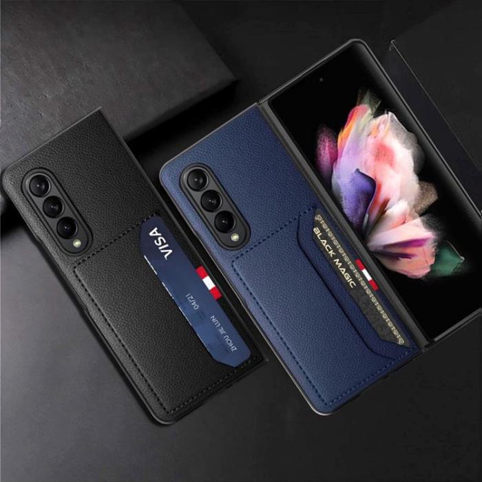 A-One Brand - Galaxy Z Fold 4 Skal Äkta Läder Litchi Korthållare - Blå