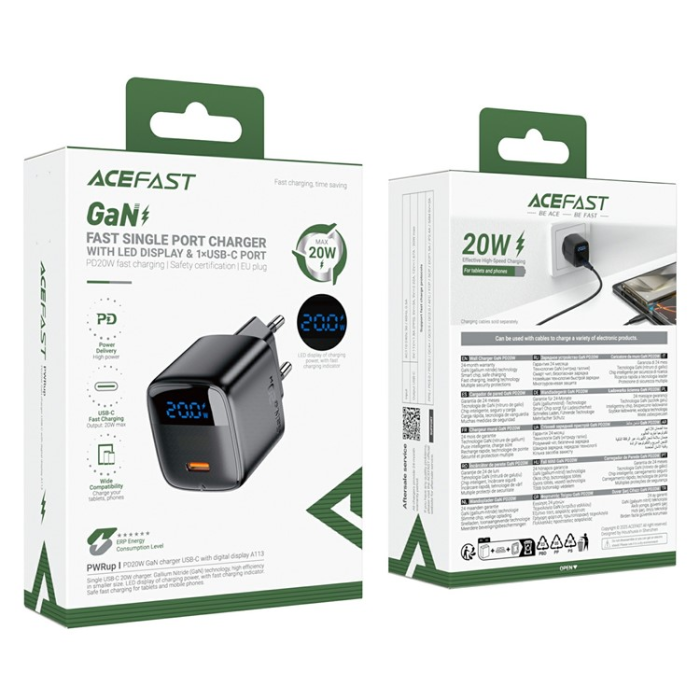 Acefast - ACEFAST GaN Snabbladdare 20W USB-C EU A113 LED - Svart
