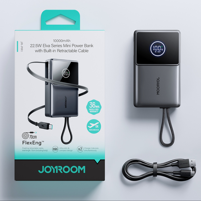 Joyroom - Joyroom Powerbank 10000mAh 22.5W med USB-C Inbyggda Kabel JR-PR1 - Svart