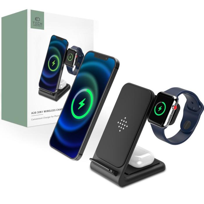 Tech-Protect - 3in1 Trådlös laddare iPhone/Apple Watch/AirPods - Svart