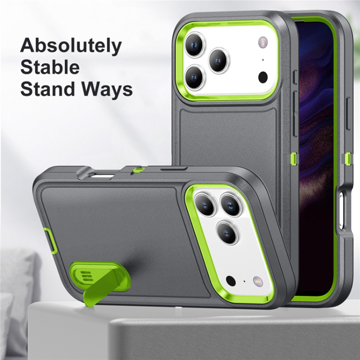 A-One Brand - iPhone 17 Pro Max Mobilskal Kickstand Silikon - Grå/Grön