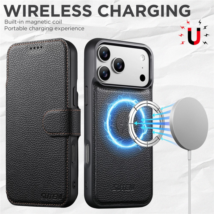 SUTENI - SUTENI iPhone 17 Pro Plånboksfodral MagSafe Detachable Litchi