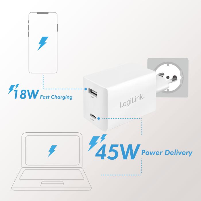 LogiLink - LogiLink - USB-laddare 1 x USB-C PD 1 x USB-A 48W GaN