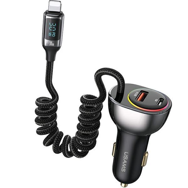USAMS C37 Billaddare 1xUSB 1xUSB-C 60W + Lightning-kabel 30W - Svart