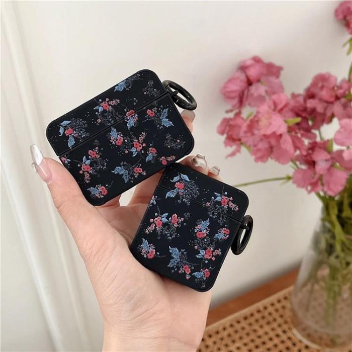 OEM - Airpods 3 Skal Flower Pattern med Ringspänne - Svart/Blå
