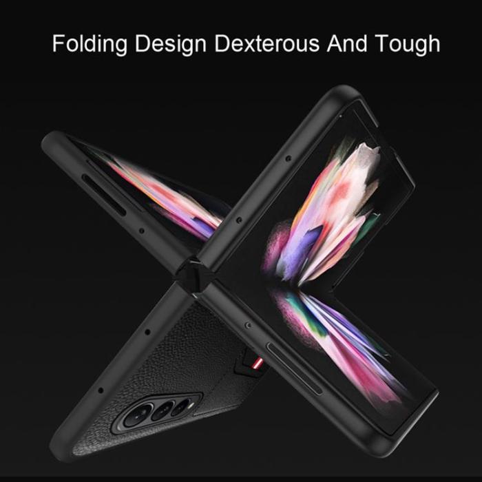 A-One Brand - Galaxy Z Fold 4 Skal Äkta Läder Litchi Korthållare - Blå
