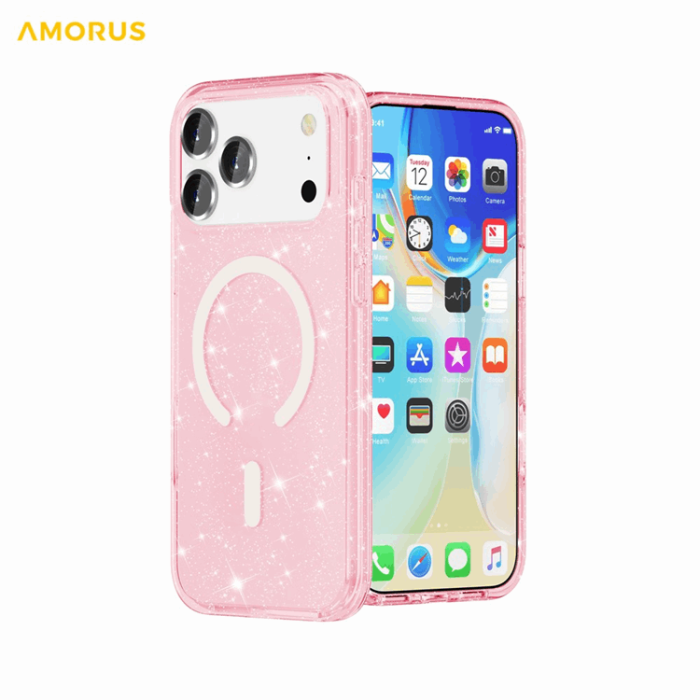 AMORUS - AMORUS Mobilskal till iPhone 17 Pro Magsafe Glitter Powder PC + TPU - Rosa