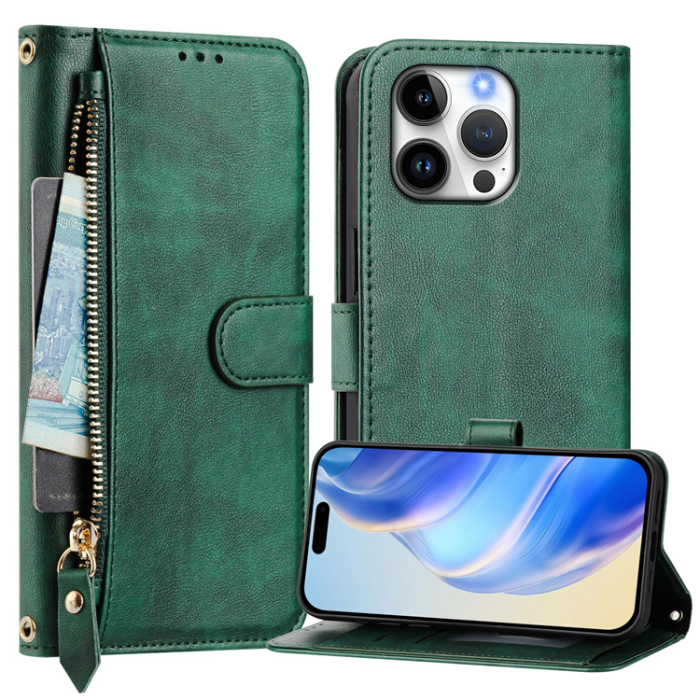 A-One Brand - iPhone 16 Pro Max Plånboksfodral Zipper Pocket Läder - Grön