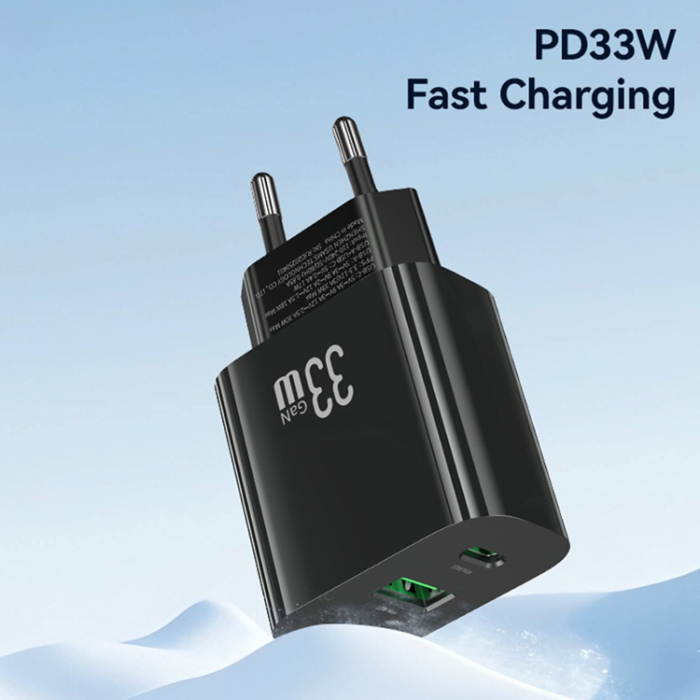 USAMS - USAMS GaN Snabbladdare USB-C - USB-A 33W CC317 T65 EU - Svart