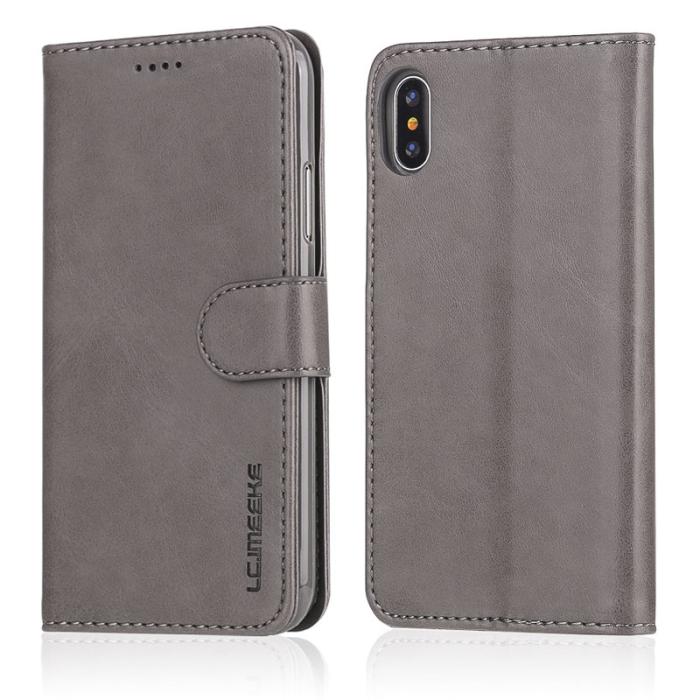 LC.imeeke - LC.IMEEKE Wallet Stand Mobilskal KonstLäder - Grå för iPhone X/10