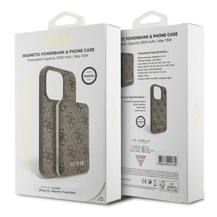OEM - Guess iPhone 15 Mobilskal Med Powerbank 5000mAh Magsafe Metal Logo