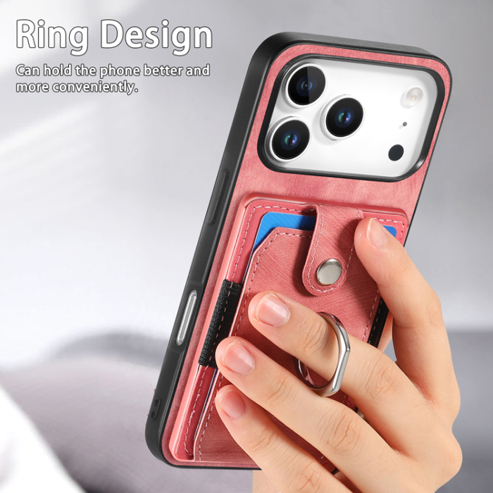 A-One Brand - iPhone 17 Pro Mobilskal med Korthållare Läder Kickstand - Rosa