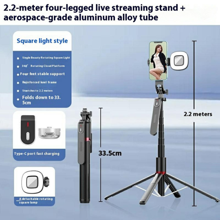 OEM - Selfiestick Bluetooth med 1 Fyrkantig Fyllnadslampa P185MAX
