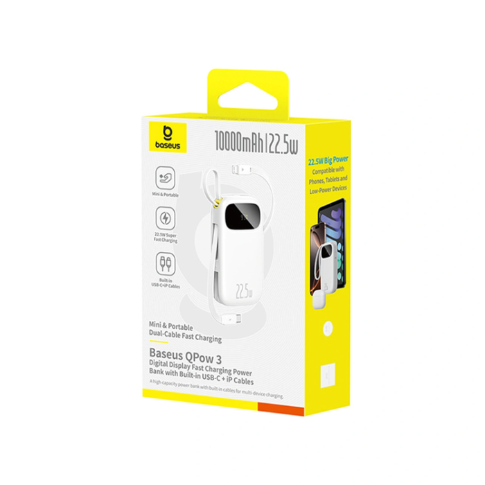 BASEUS - Baseus Powerbank 10000mAh med 2 Built-in Kablar 22.5W - Vit