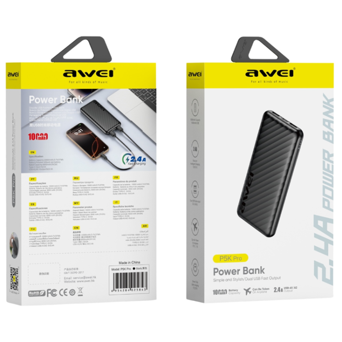 Awei - Awei Powerbank 10000mAh 2xUSB-A P5K Pro - Svart