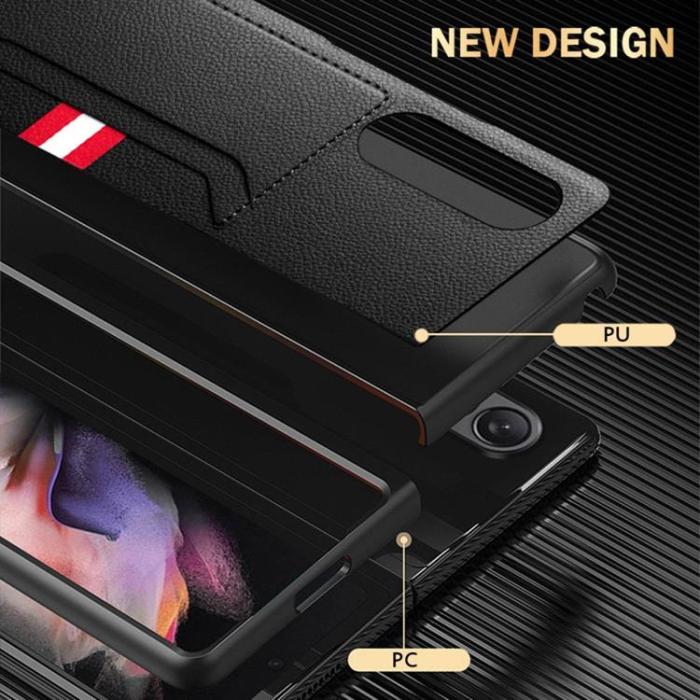 A-One Brand - Galaxy Z Fold 4 Skal Äkta Läder Litchi Korthållare - Blå