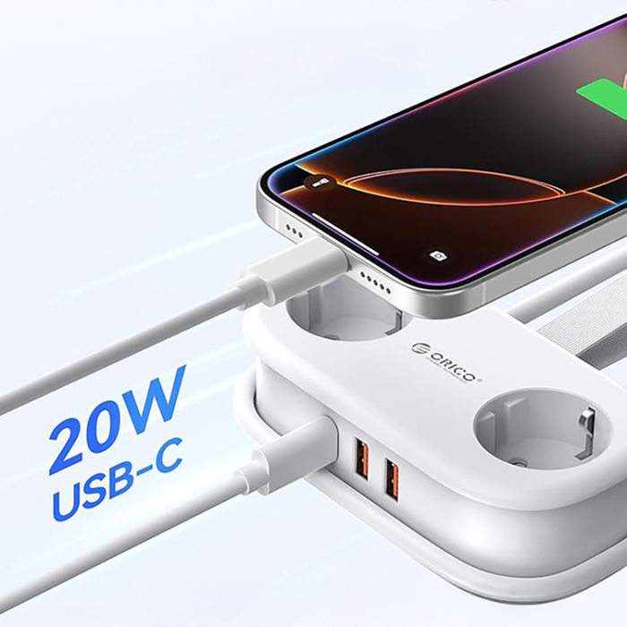 ORICO - Orico 5in1 Grenuttag 20W GaN 2xUSB-A 1xUSB-C 2xAC AP3 - Vit