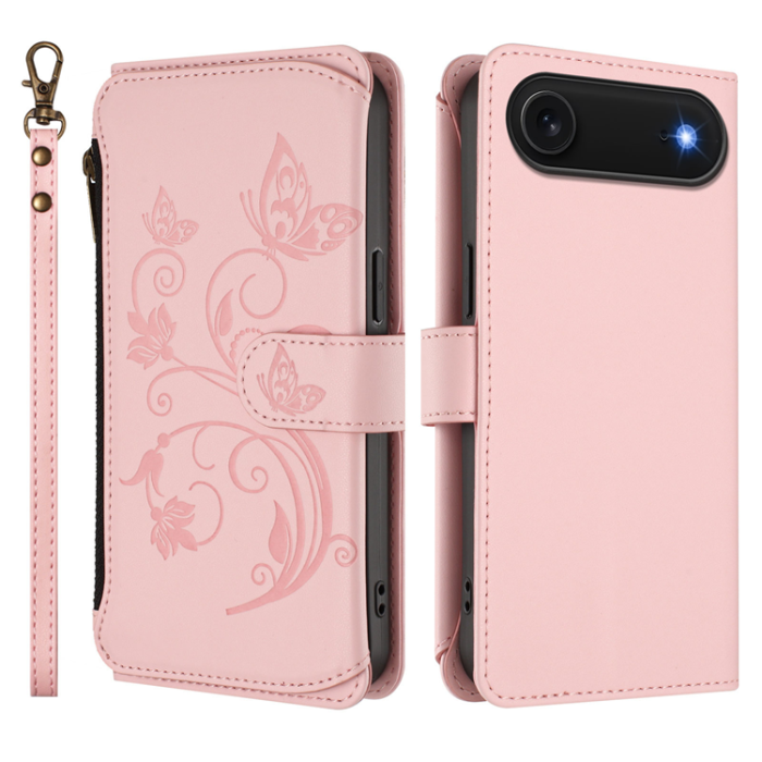 A-One Brand - iPhone 17 Air Plånboksfodral Butterfly Floral Imprint - Rosa
