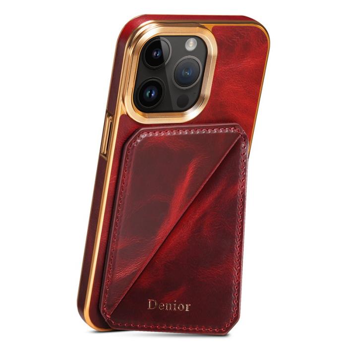 DENIOR - DENIOR iPhone 12 Pro Max Plånboksfodral Kortplats Ställ Waxy Äkta Läder Röd