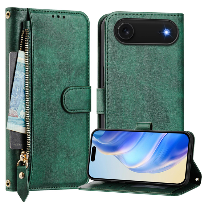 A-One Brand - iPhone 17 Air Plånboksfodral Zipper Pocket Läder - Grön