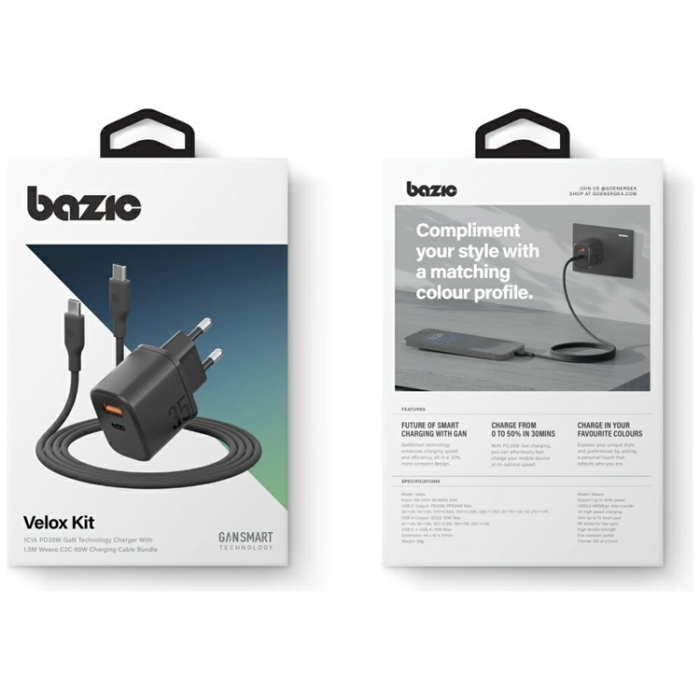 ENERGEA - Bazic Väggladdare USB-A Till USB-C Med USB-C Kable - Svart