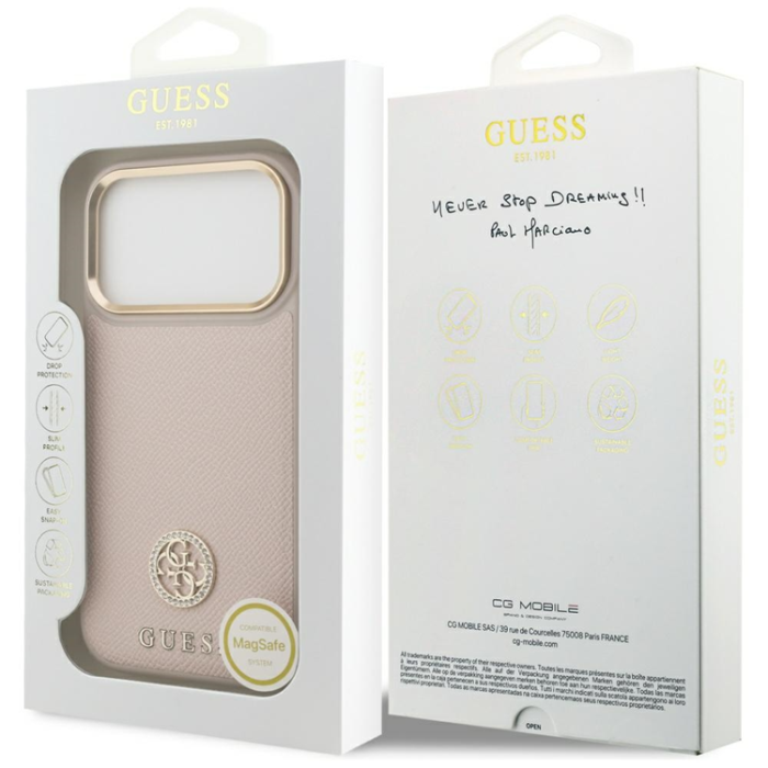 Guess - Guess iPhone 17 Pro Mobilskal Magsafe Grained Strass Logo - Rosa