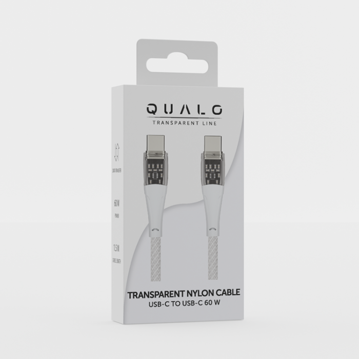 QUALO - QUALO USB-C till USB-C Kabel 1.5m 3A Transparent Nylon - Vit
