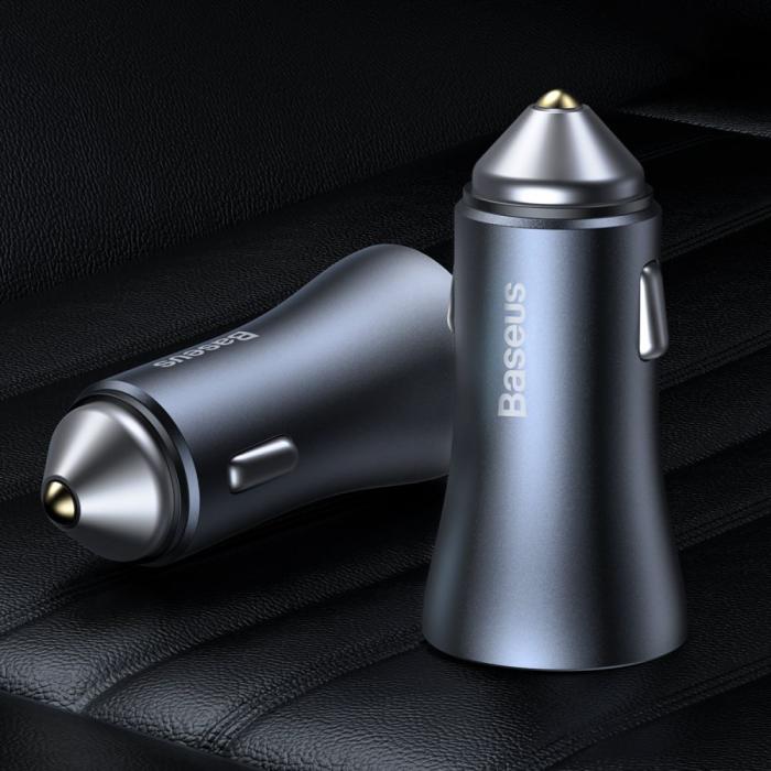 BASEUS - Baseus Golden 2-Port Bil Laddare Usb & USB-C 40w - Grå