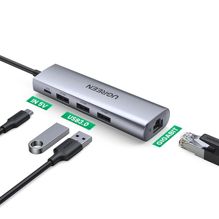 Ugreen - Ugreen 5in1 HUB USB-A Till 1xMicro-USB 1xRJ45 3xUSB-A 3.0 - Grå