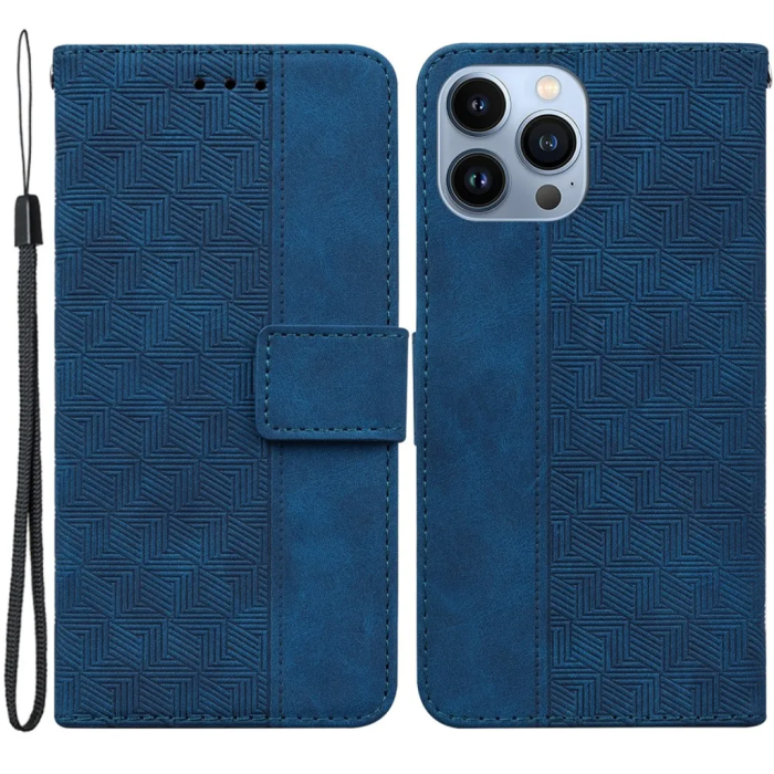 Taltech - iPhone 15 Pro Plånboksfodral Geometriskt med Rem - Blå