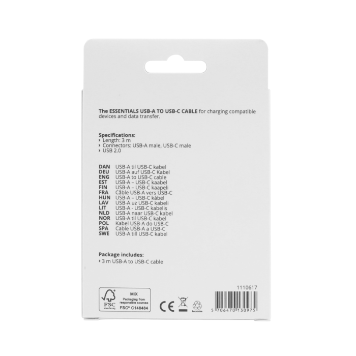 UTGATT1 - Essentials USB-A Till USB-C Kabel 3m - Vit