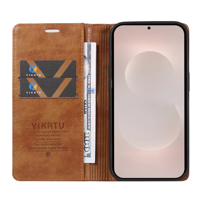 YIKATU - YIKATU Galaxy S26 Edge Plånboksfodral Litchi Läder - Brun