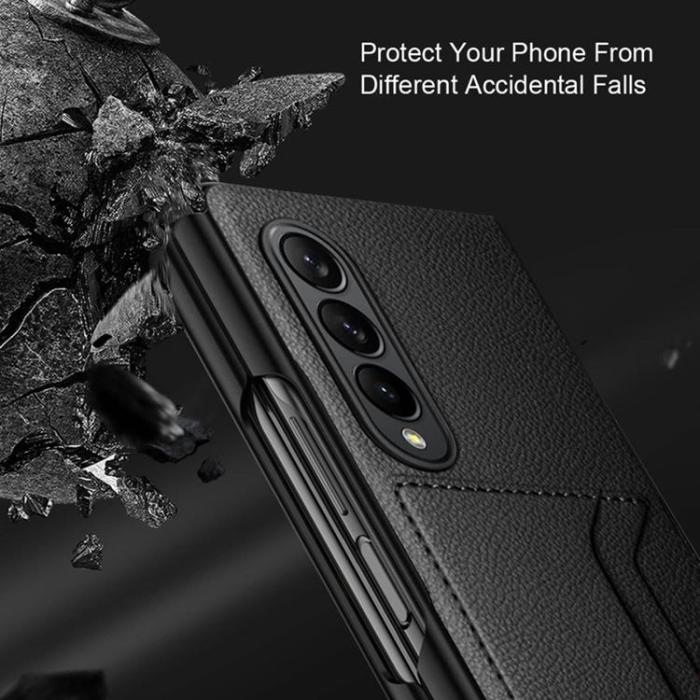 A-One Brand - Galaxy Z Fold 4 Skal Äkta Läder Litchi Korthållare - Blå