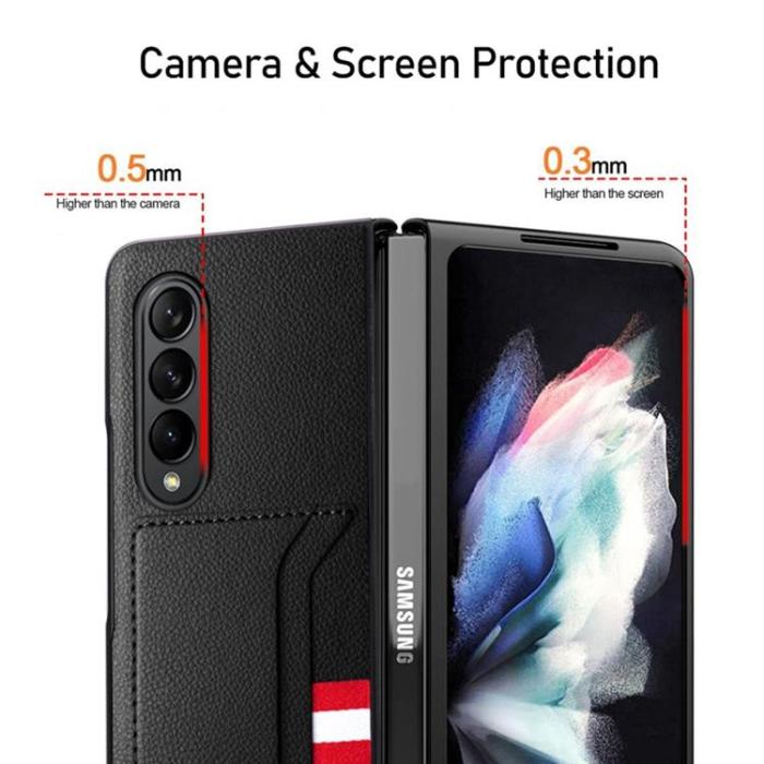 A-One Brand - Galaxy Z Fold 4 Skal Äkta Läder Litchi Korthållare - Blå