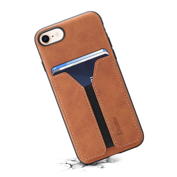 DENIOR - DENIOR Mobilskal till iPhone 16e Elastisk Kortficka PU Läder + TPU + PC - Brun