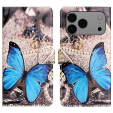 A-One Brand - iPhone 17 Pro Plånboksfodral Pattern Print Läder - Blå Fjäril