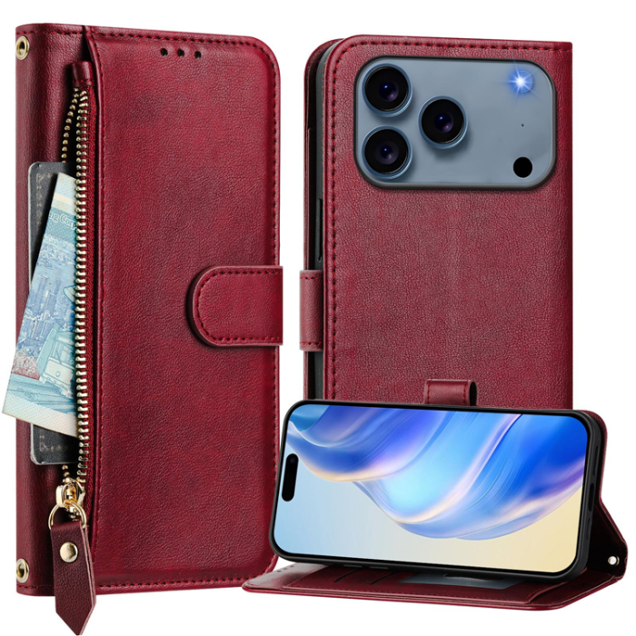 A-One Brand - iPhone 17 Pro Plånboksfodral Zipper Pocket Läder - Röd