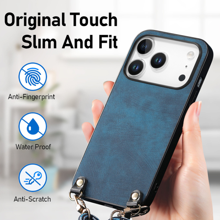 A-One Brand - iPhone 17 Pro Mobilskal med Justerbar Rem Retro Läder - Blå
