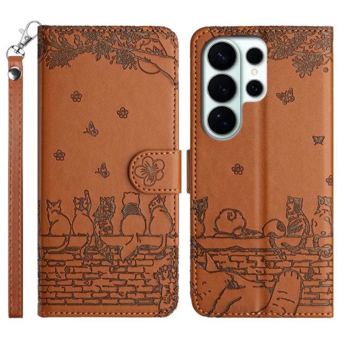 OEM - Samsung Galaxy S26 Ultra Skal Äkta Läder Kattmönster - Brun