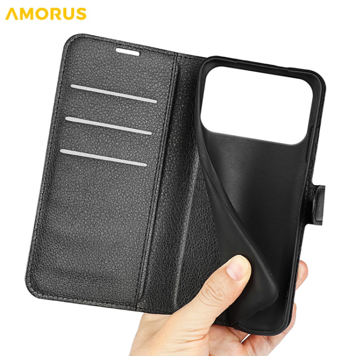 Amorus - AMORUS iPhone 17 Pro Konstläder Plånboksfodral Flipstativ Litchi - Svart