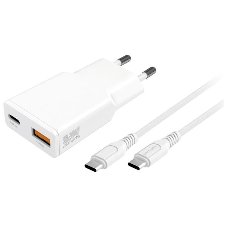 4smarts Snabbladdare 20W 1xUSB-C 1xUSB-A GaN med Kabel - Vit | 505295 | AlltMobil